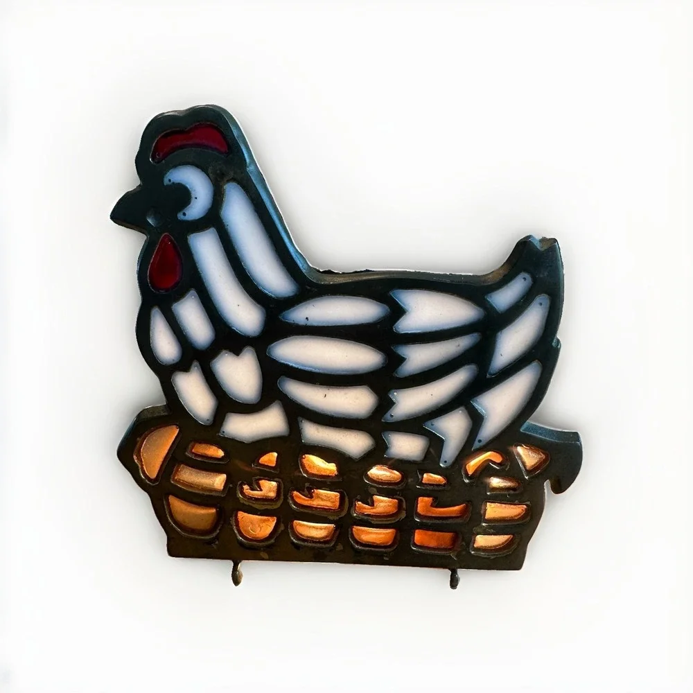 Vintage Chicken Hen Stained Glass Brass Napkin Holder Letter Coaster Holder